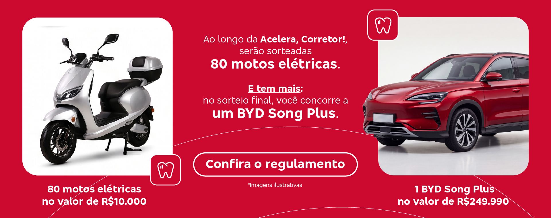 80 motos elétricas no valor de R$ 10.000 e 1 BYD Song Plus no valor de R$ 249.990. Imagens ilustrativas.